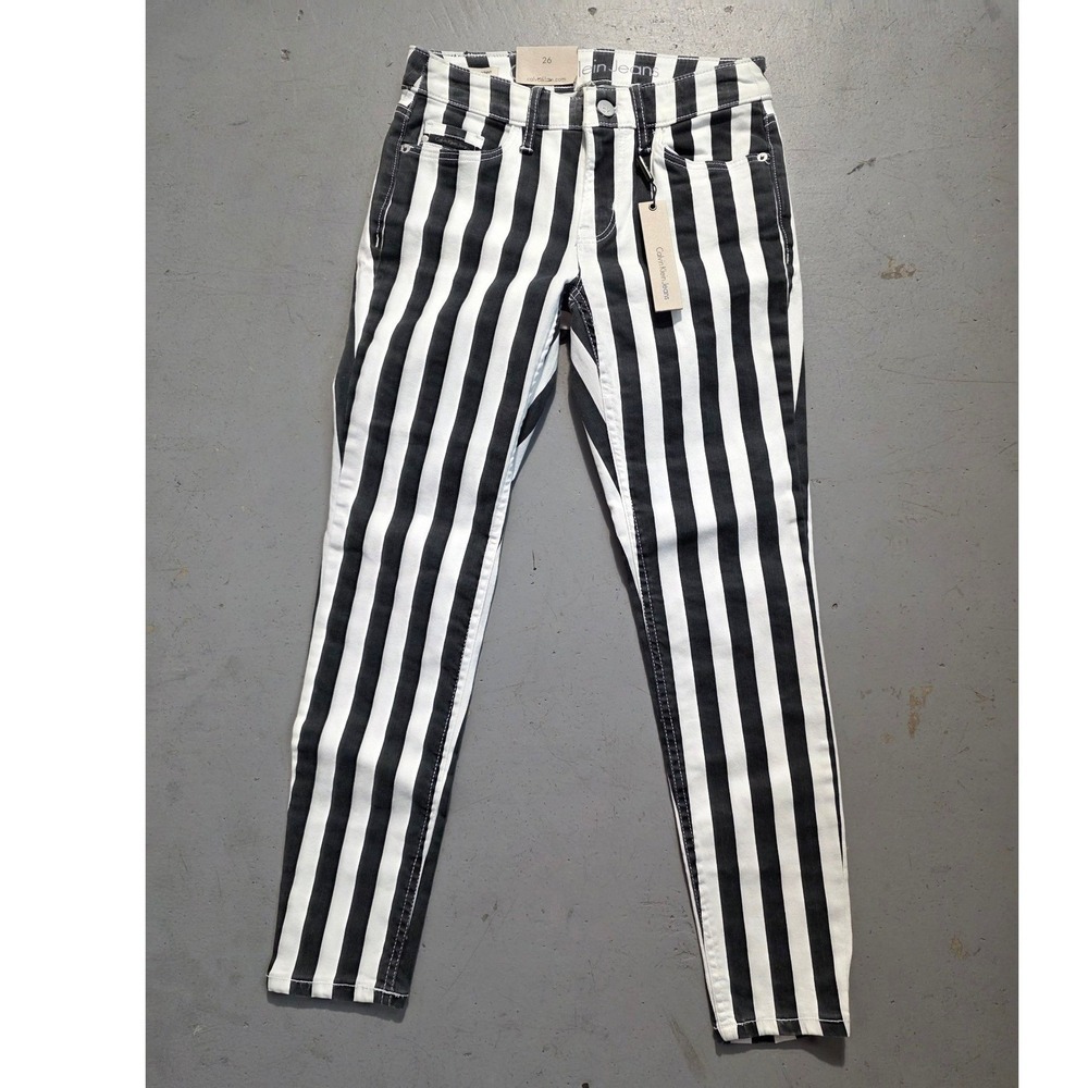 Calvin Klein Jeans Black White Stripe Ankle Skinny Womens Size 26 Pants - Picture 2 of 8